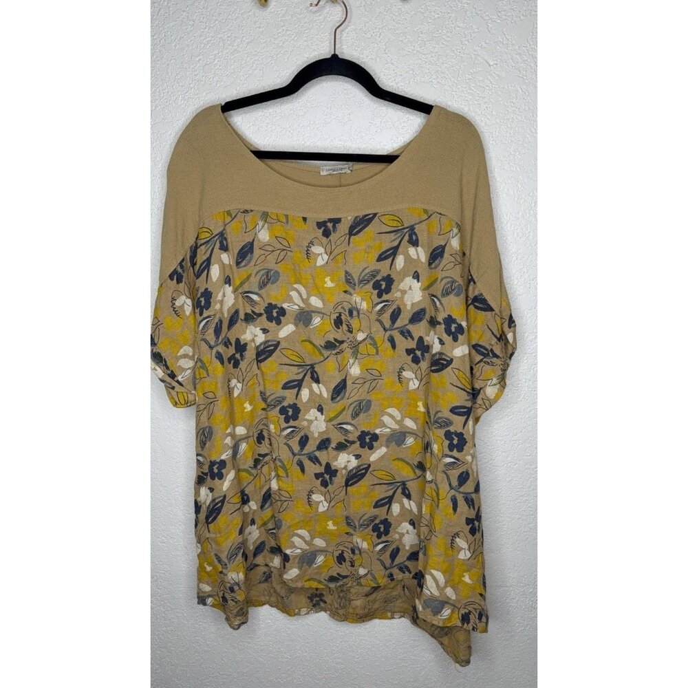 Lungo L'Arno Women's 3X 100% Linen Tan Floral Top Made in Italy Art to  Wear D1